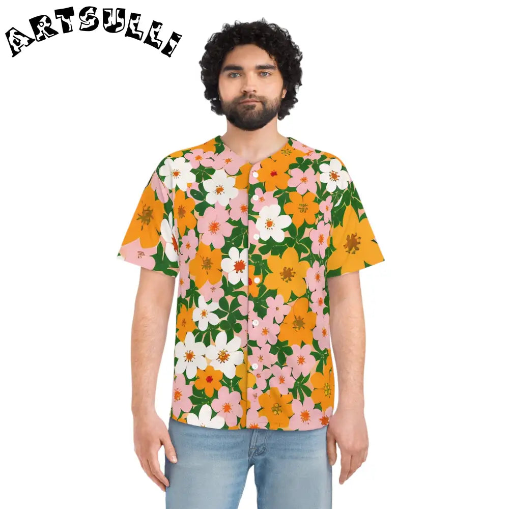 Floral Print Short Sleeve Baseball Jersey, Artsulli - Art is Long, Life is Short, All Over Prints, , , , , , , 