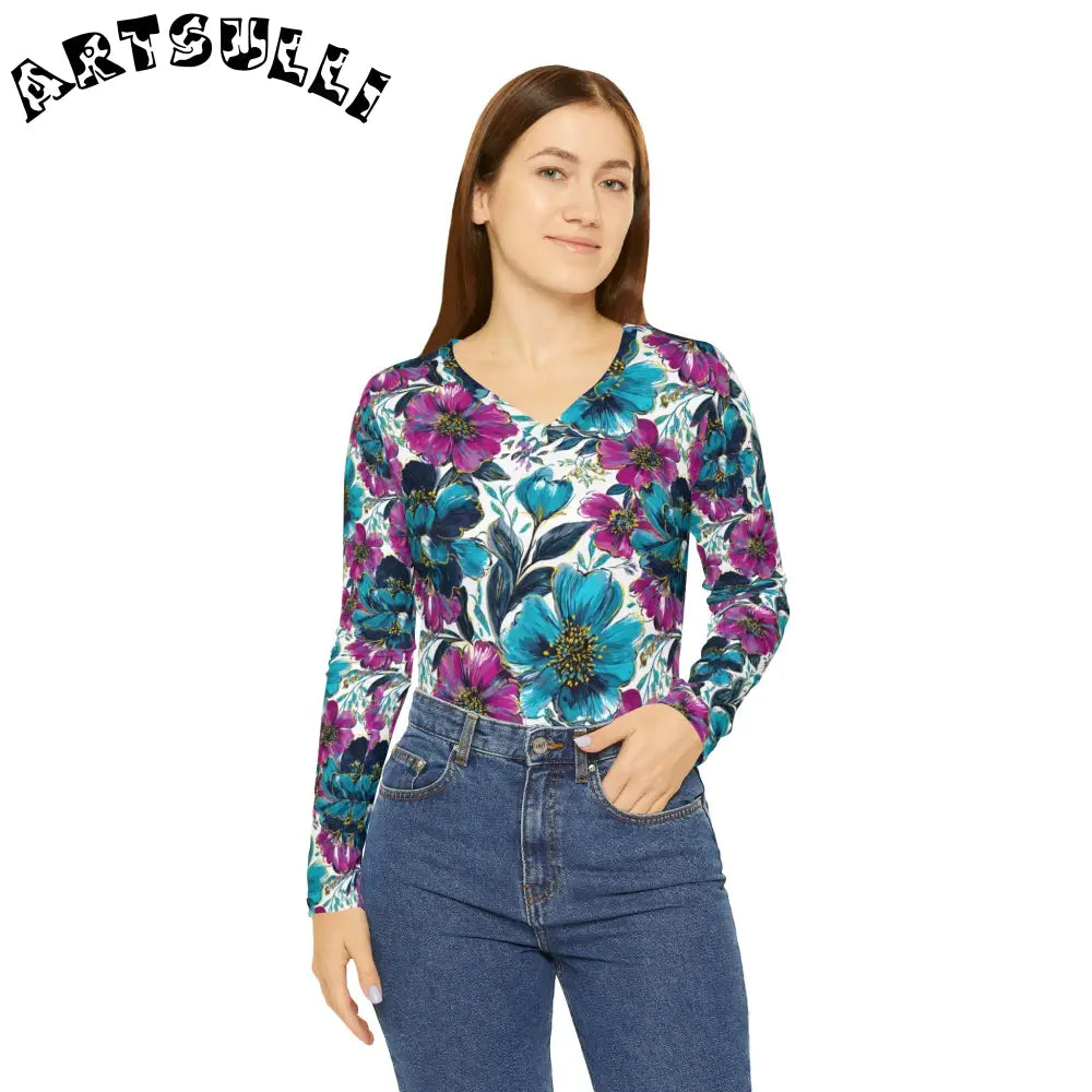 Floral Print V-Neck Long Sleeve Top, Artsulli - Art is Long, Life is Short, All Over Prints, , , , , , , 
