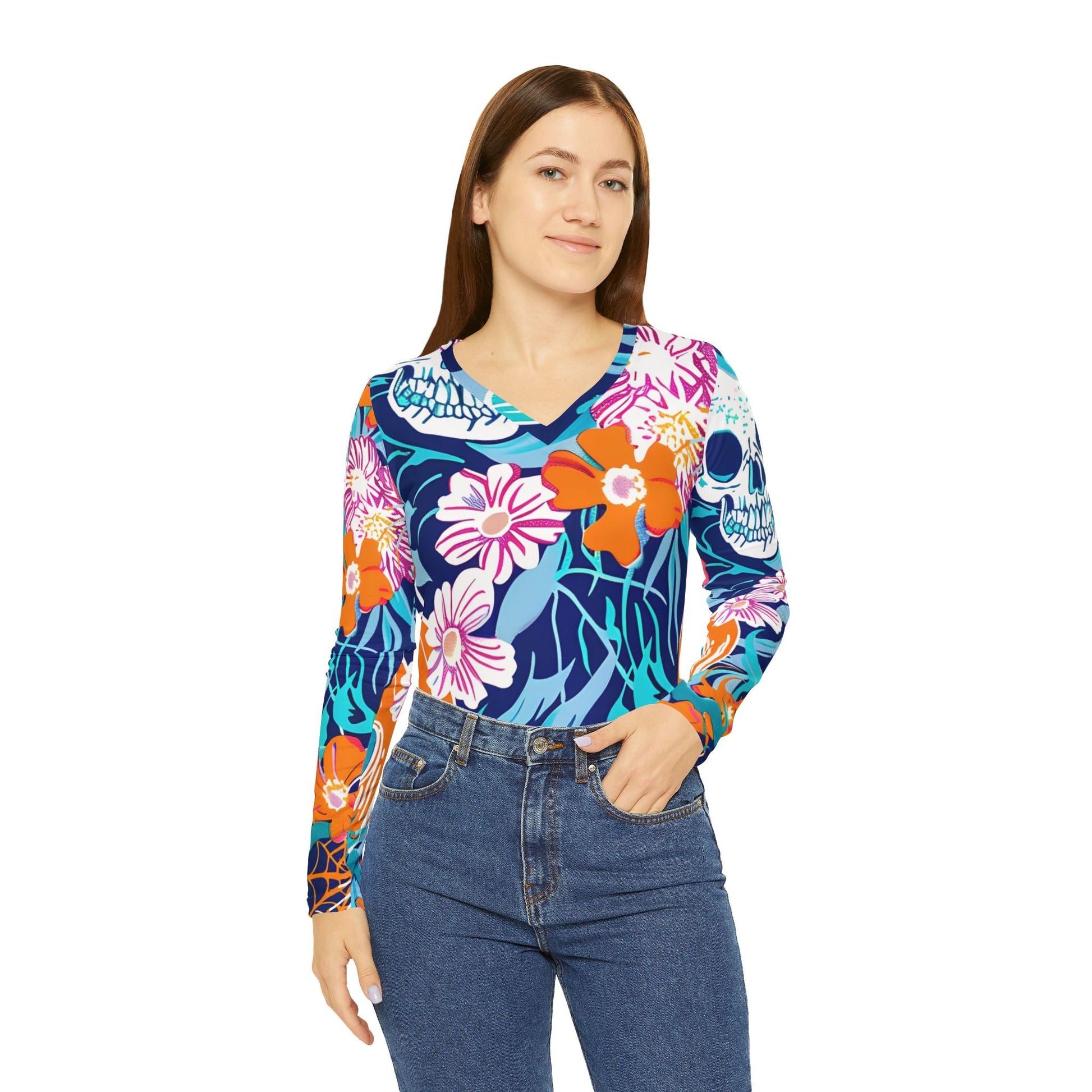 Floral Skull V-Neck Long Sleeve Shirt, Artsulli - Art is Long, Life is Short, All Over Prints, , , , , , , 