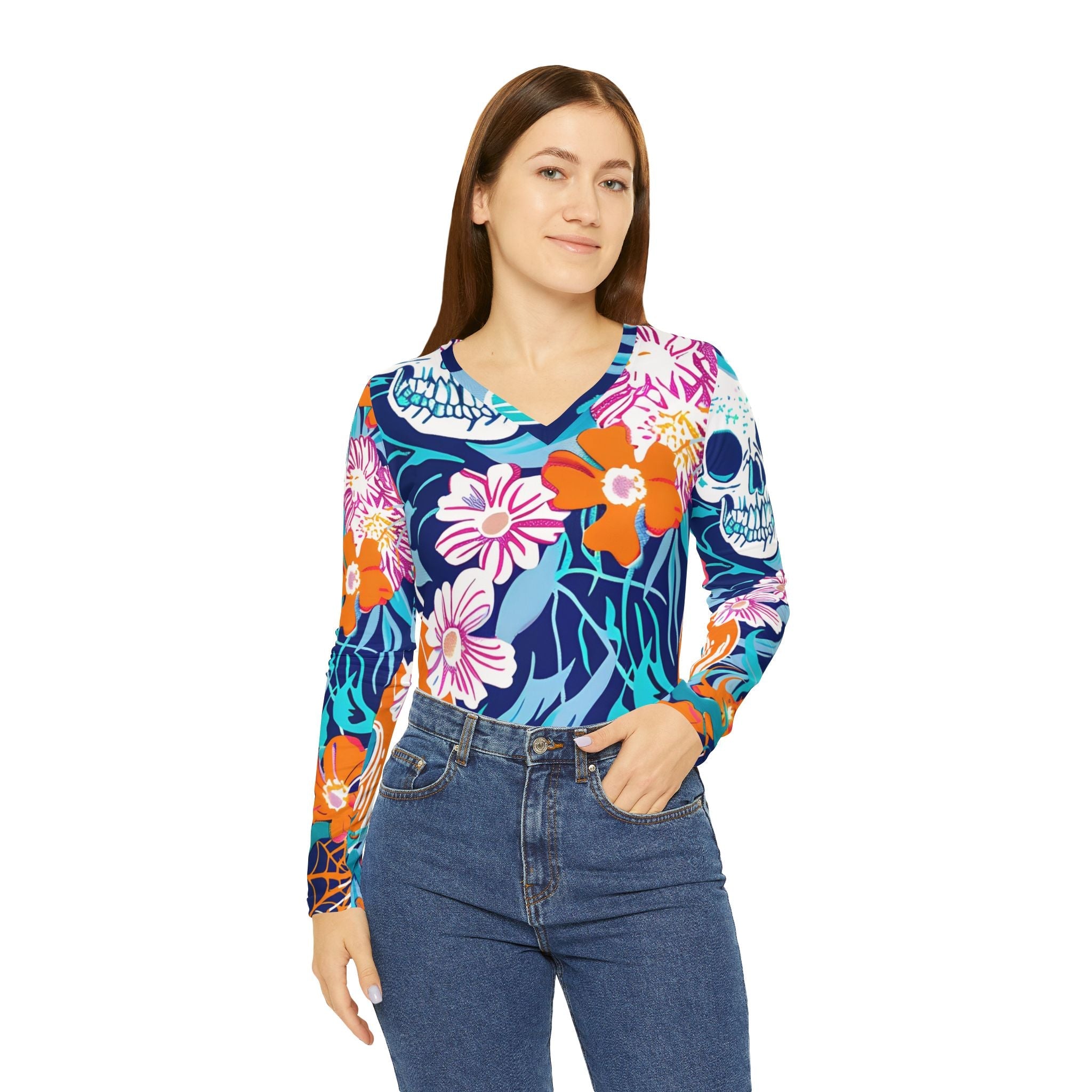Floral Skull V-Neck Long Sleeve Shirt, Artsulli - Art is Long, Life is Short, All Over Prints, , , , , , , 