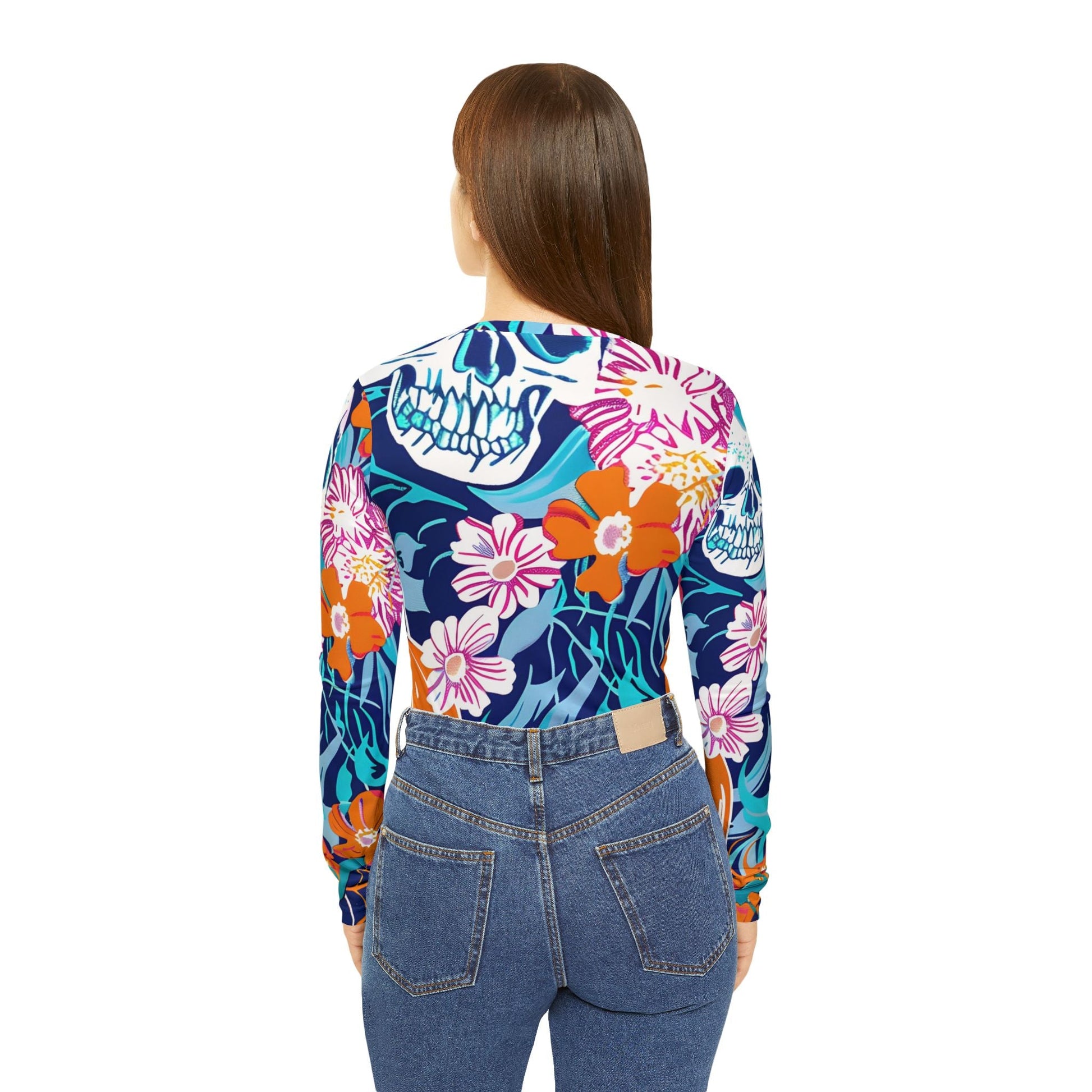 Floral Skull V-Neck Long Sleeve Shirt, Artsulli - Art is Long, Life is Short, All Over Prints, , , , , , , 
