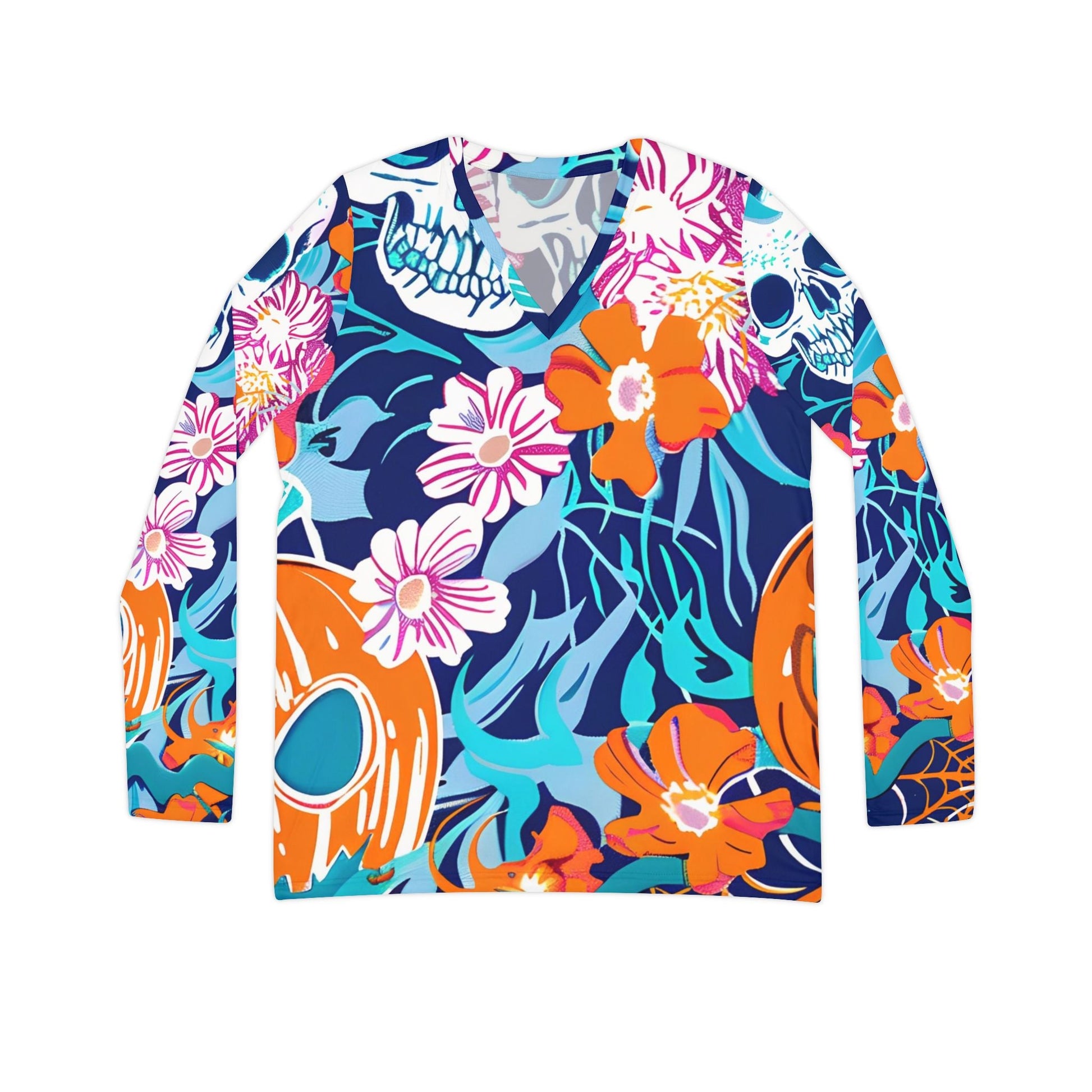 Floral Skull V-Neck Long Sleeve Shirt, Artsulli - Art is Long, Life is Short, All Over Prints, Size, XS, , , , , 14032124258363873173