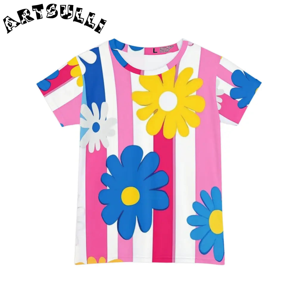 Floral Stripe All Over Print Short Sleeve Tee, Artsulli - Art is Long, Life is Short, All Over Prints, Size, XS, , , , , 57538195434204