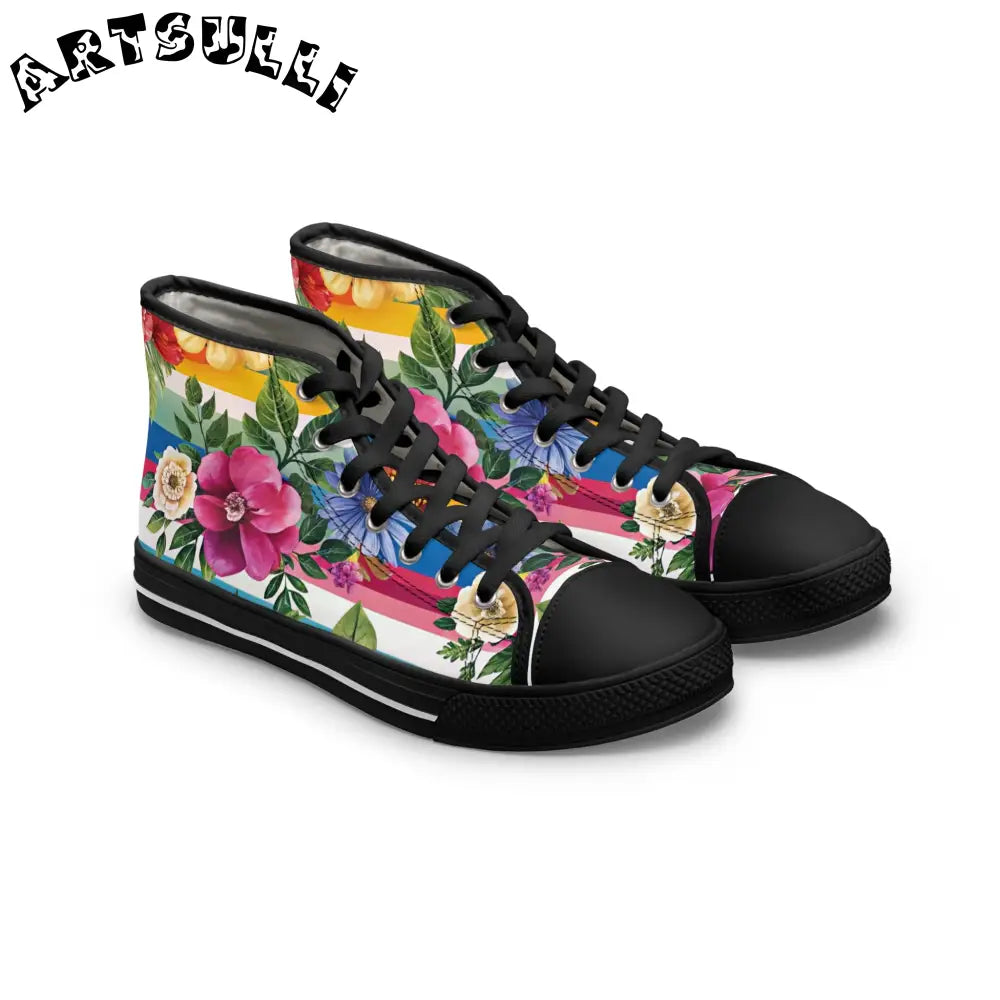 Floral Stripe Canvas High Top Sneakers, Artsulli - Art is Long, Life is Short, Shoes, Size, US 5.5, Color, Black sole, , , 14089194585391923224