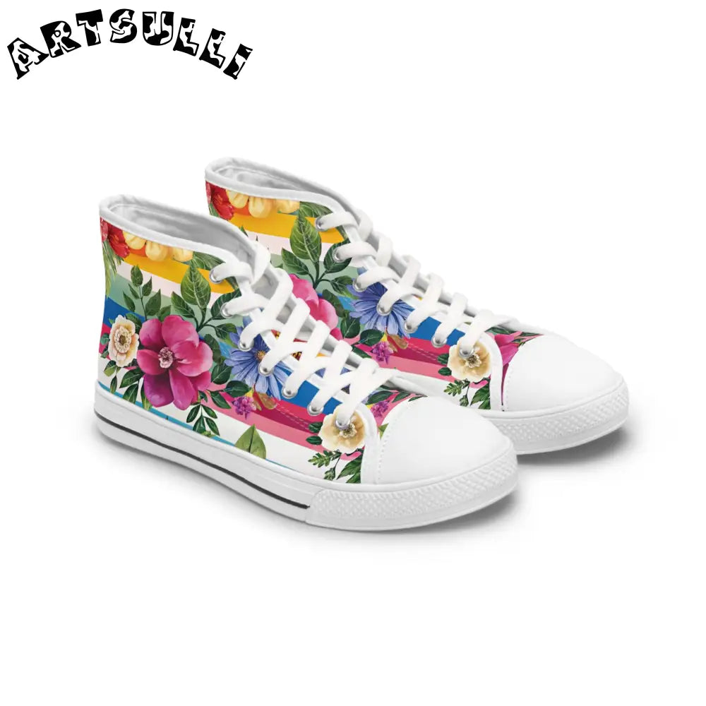 Floral Stripe Canvas High Top Sneakers, Artsulli - Art is Long, Life is Short, Shoes, Size, US 5.5, Color, White sole, , , 20069334469109130137