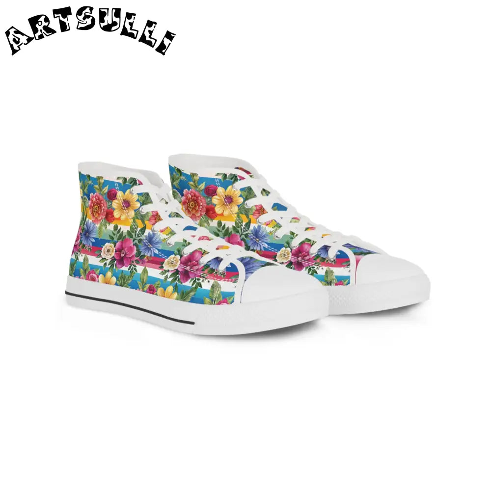 Floral Stripe High Top Sneakers, Artsulli - Art is Long, Life is Short, Shoes, Size, US 5, Color, White sole, , , 18334137726476287101