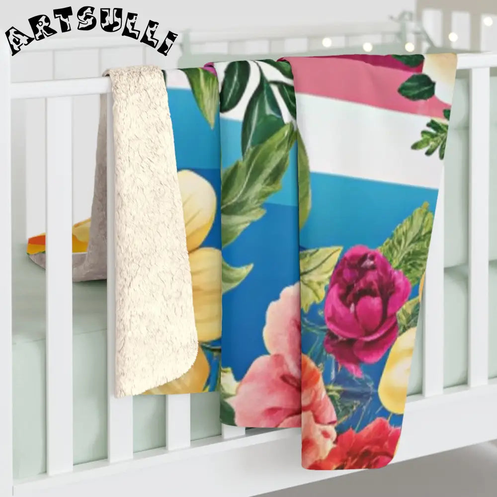 Floral Stripe Sherpa Fleece Blanket, Artsulli - Art is Long, Life is Short, Home Decor, , , , , , , 
