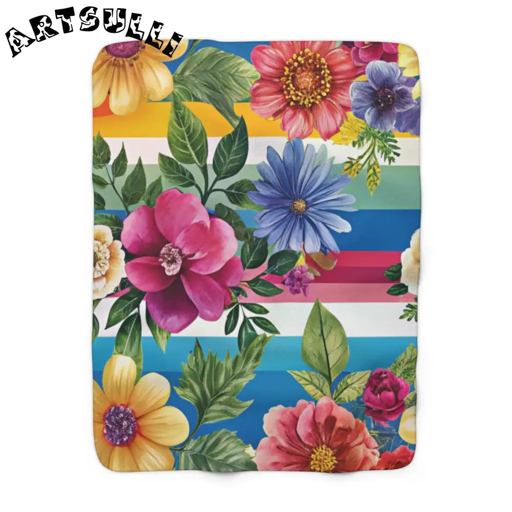 Floral Stripe Sherpa Fleece Blanket, Artsulli - Art is Long, Life is Short, Home Decor, Size, 50" × 60", , , , , 10361666365613318379