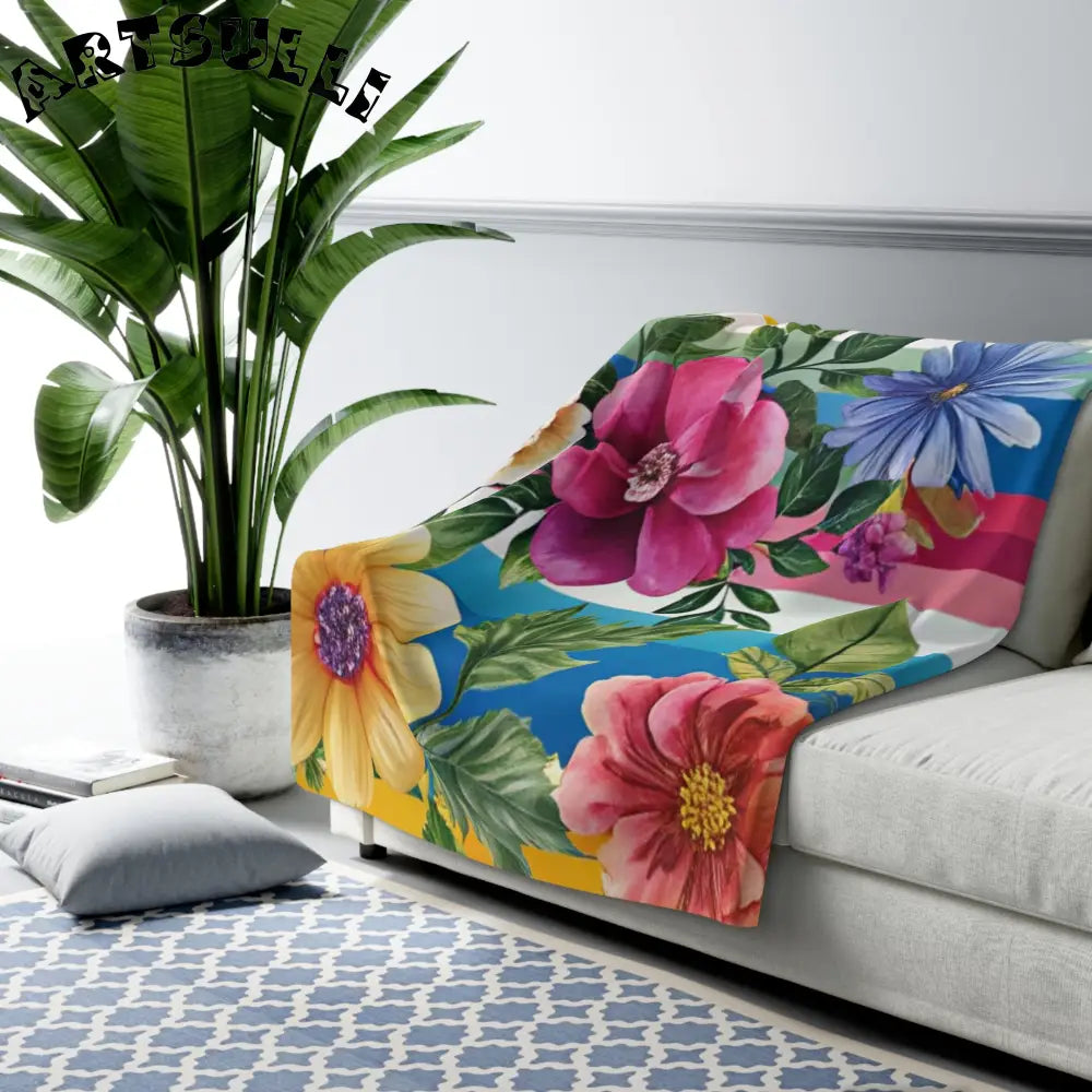 Floral Stripe Sherpa Fleece Blanket, Artsulli - Art is Long, Life is Short, Home Decor, , , , , , , 