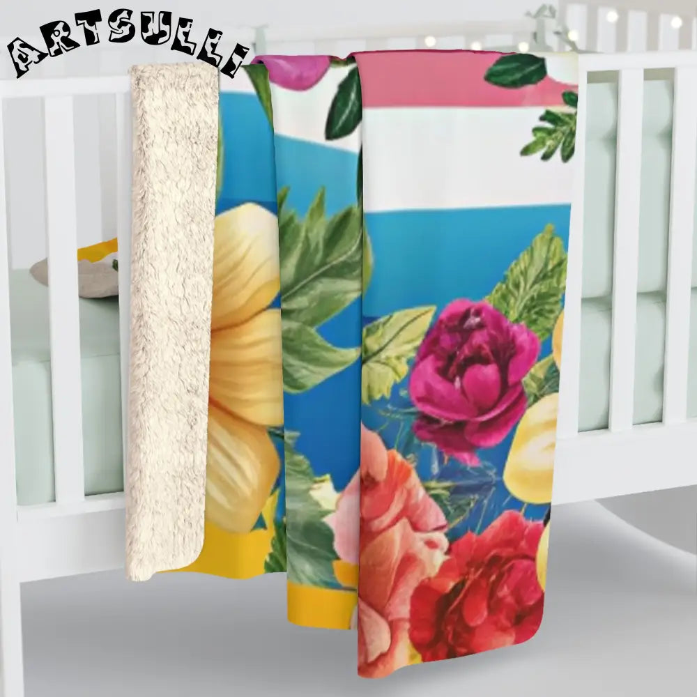 Floral Stripe Sherpa Fleece Blanket, Artsulli - Art is Long, Life is Short, Home Decor, , , , , , , 