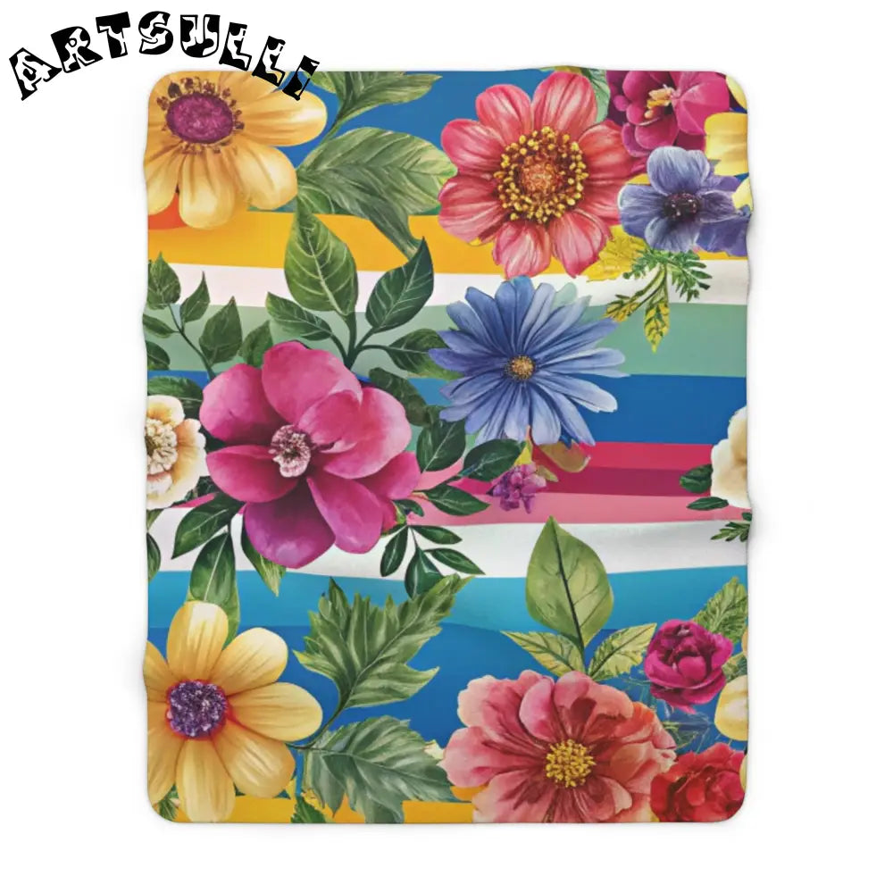 Floral Stripe Sherpa Fleece Blanket, Artsulli - Art is Long, Life is Short, Home Decor, Size, 60" × 80", , , , , 85427990921993764785