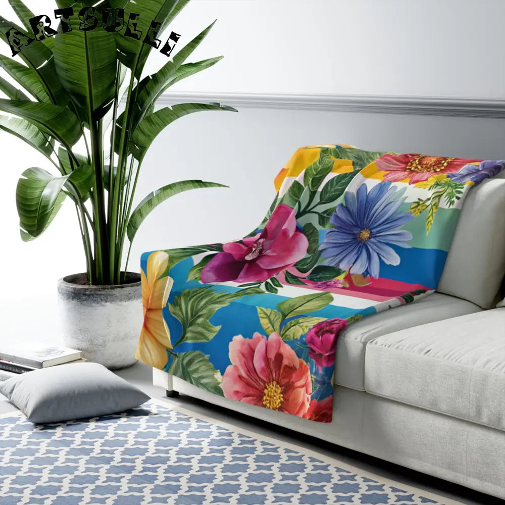Floral Stripe Sherpa Fleece Blanket, Artsulli - Art is Long, Life is Short, Home Decor, , , , , , , 