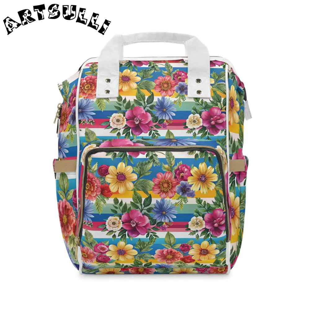 Floral Striped Diaper Backpack, Artsulli - Art is Long, Life is Short, Bags, Size, 15.0" × 10.8" × 6.7'', , , , , 23672178771465887208
