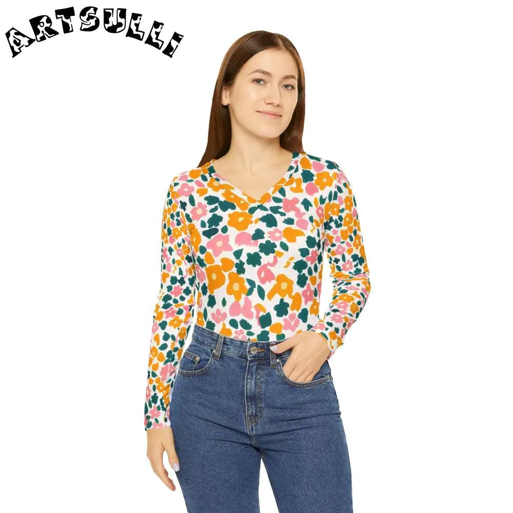 Floral V-Neck Long Sleeve Shirt, Artsulli - Art is Long, Life is Short, All Over Prints, , , , , , , 