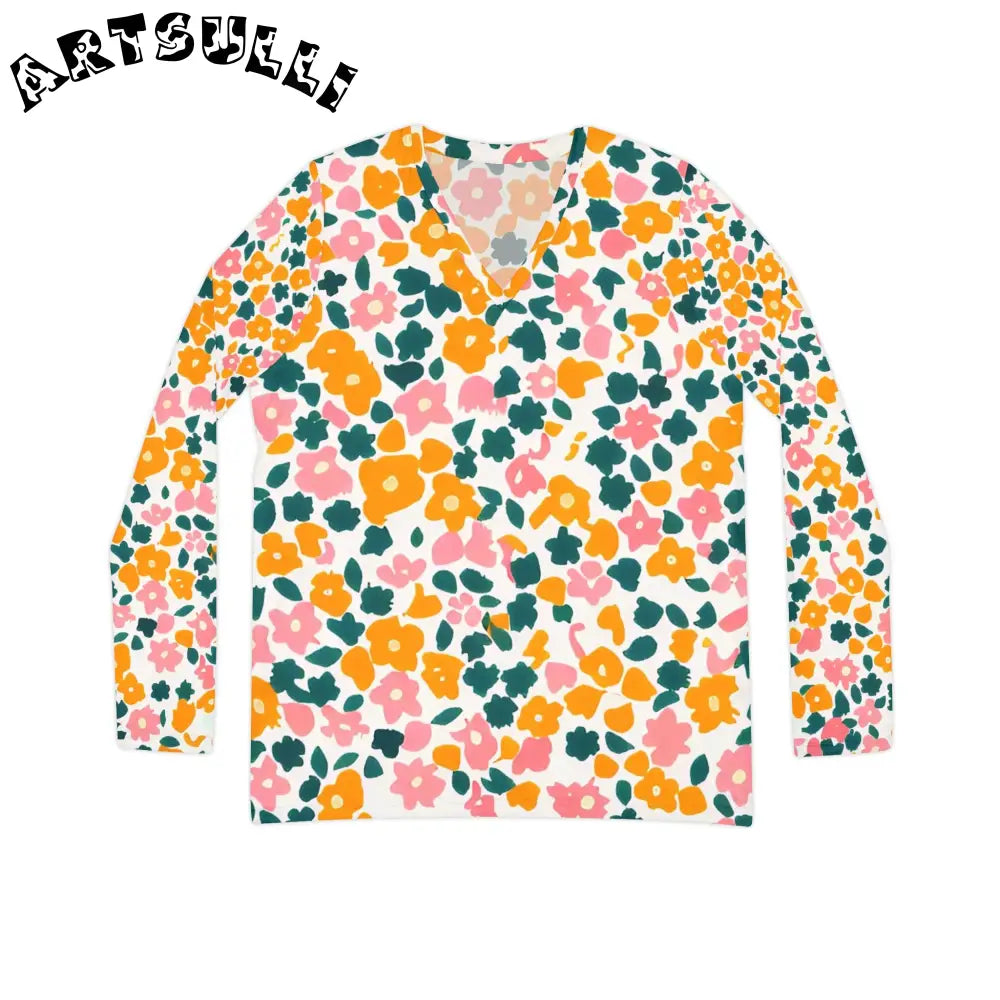 Floral V-Neck Long Sleeve Shirt, Artsulli - Art is Long, Life is Short, All Over Prints, Size, XS, , , , , 18677437804221393547