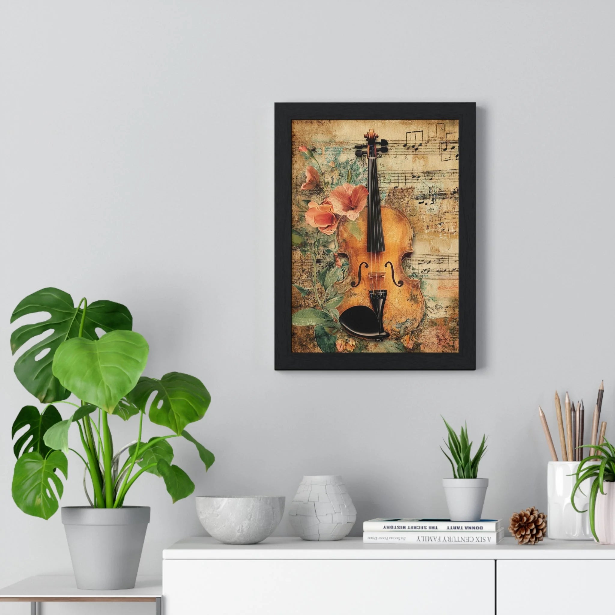 Buy The Best vintage violin wall art floral By Artsulli x Color Printify - Floral Violin and Sheet Music Framed Print - 2025