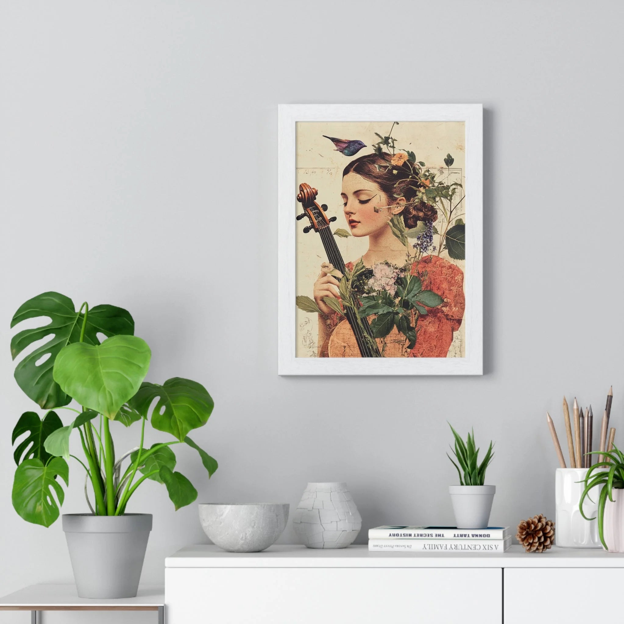 Buy The Best vintage-style floral portrait print woman By Artsulli x Color Printify - Floral Violinist with Bird Framed Poster - 2025