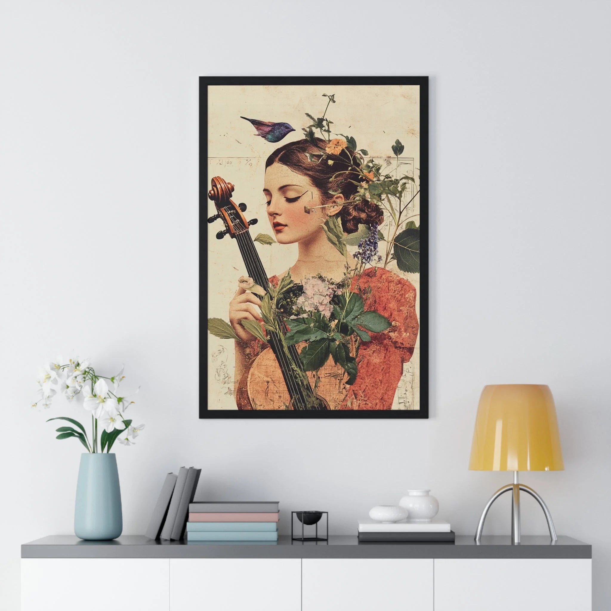 Buy The Best vintage-style floral portrait wall art By Artsulli x Color Printify - Floral Violinist with Bird Framed Poster - 2025