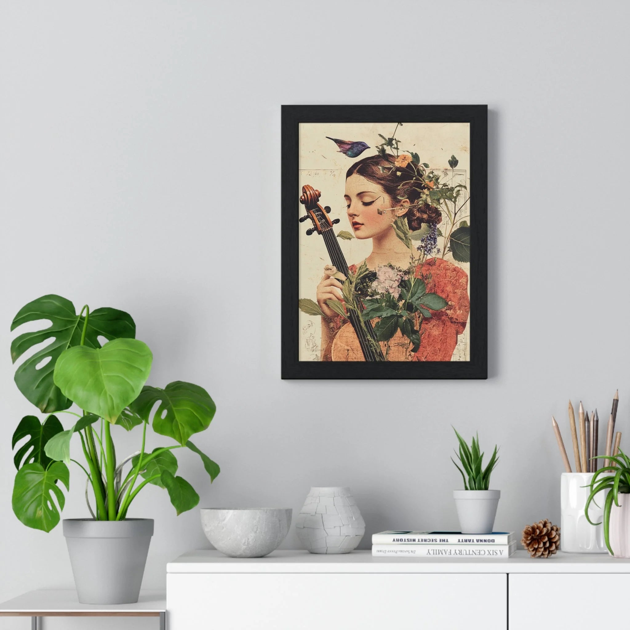 Buy The Best black framed vintage-style poster woman By Artsulli x Color Printify - Floral Violinist with Bird Framed Poster - 2025