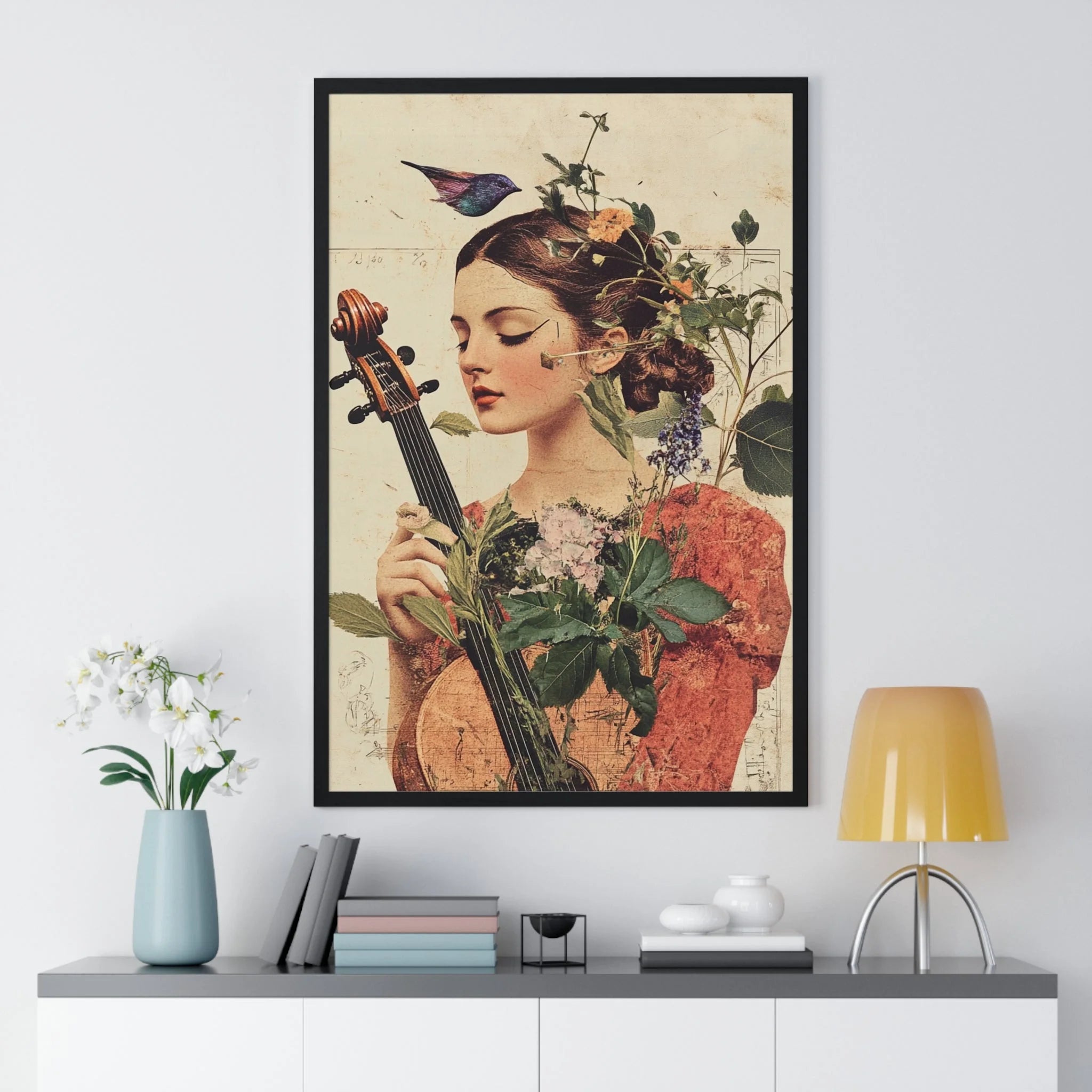 Buy The Best black framed botanical portrait woman By Artsulli x Color Printify - Floral Violinist with Bird Framed Poster - 2025