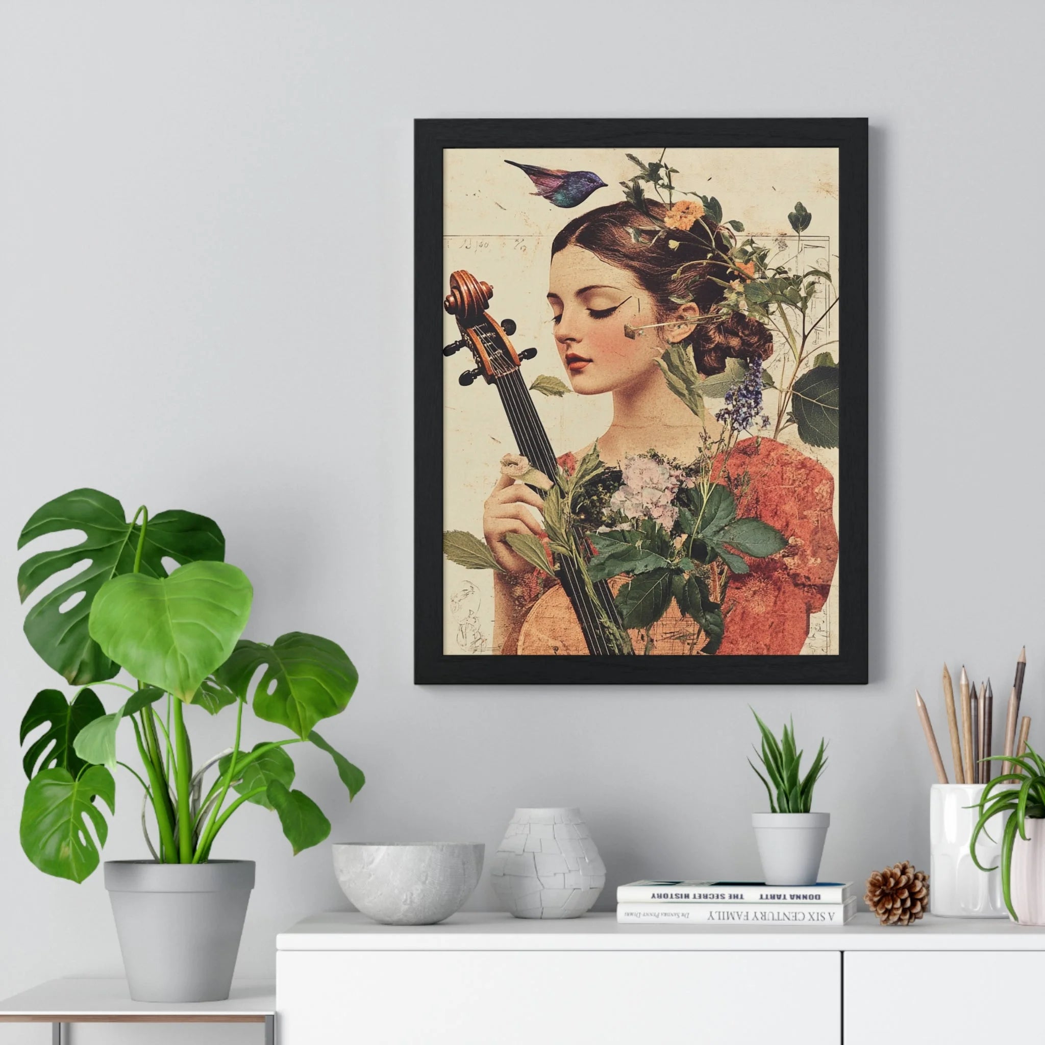 Buy The Best black framed floral portrait woman By Artsulli x Color Printify - Floral Violinist with Bird Framed Poster - 2025