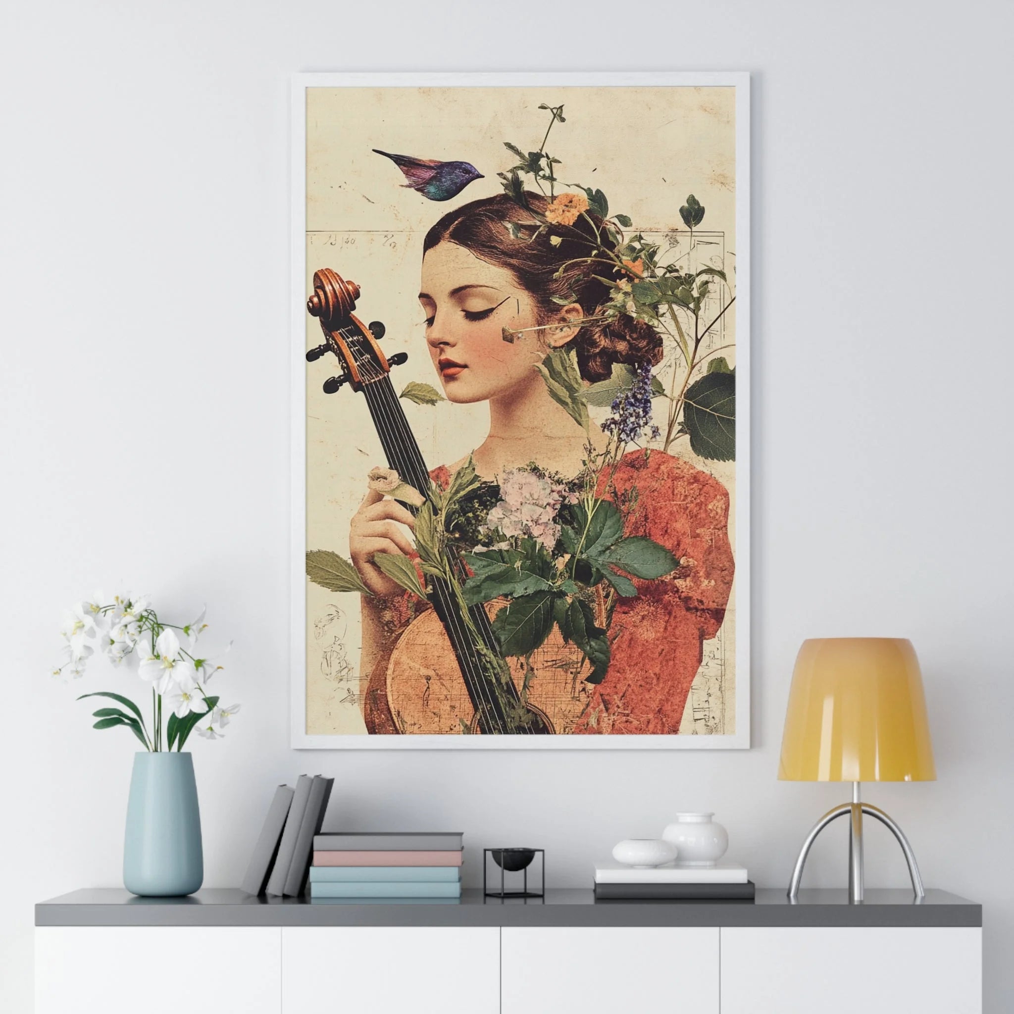 Buy The Best 1920s-style woman violin orange dress By Artsulli x Color Printify - Floral Violinist with Bird Framed Poster - 2025