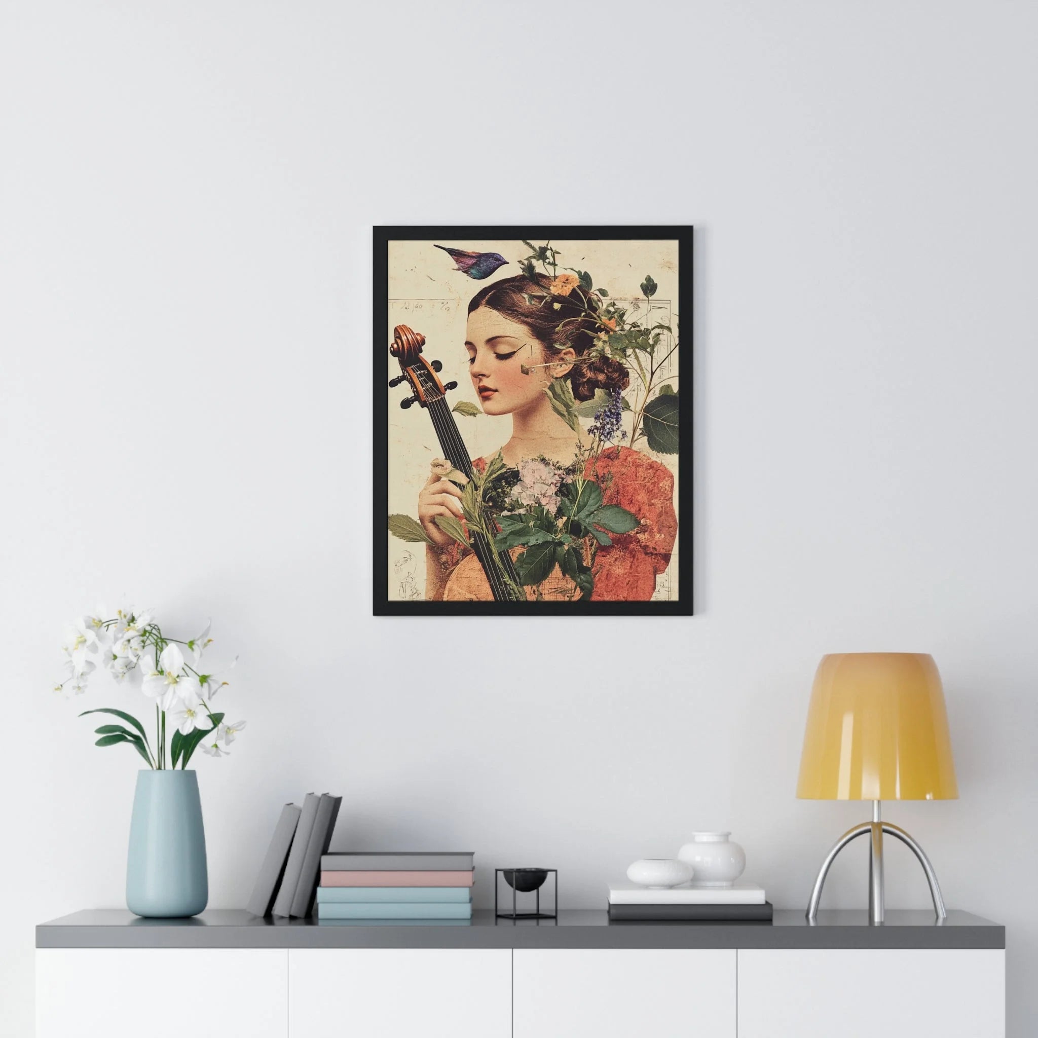 Buy The Best black framed vintage-style portrait woman By Artsulli x Color Printify - Floral Violinist with Bird Framed Poster - 2025