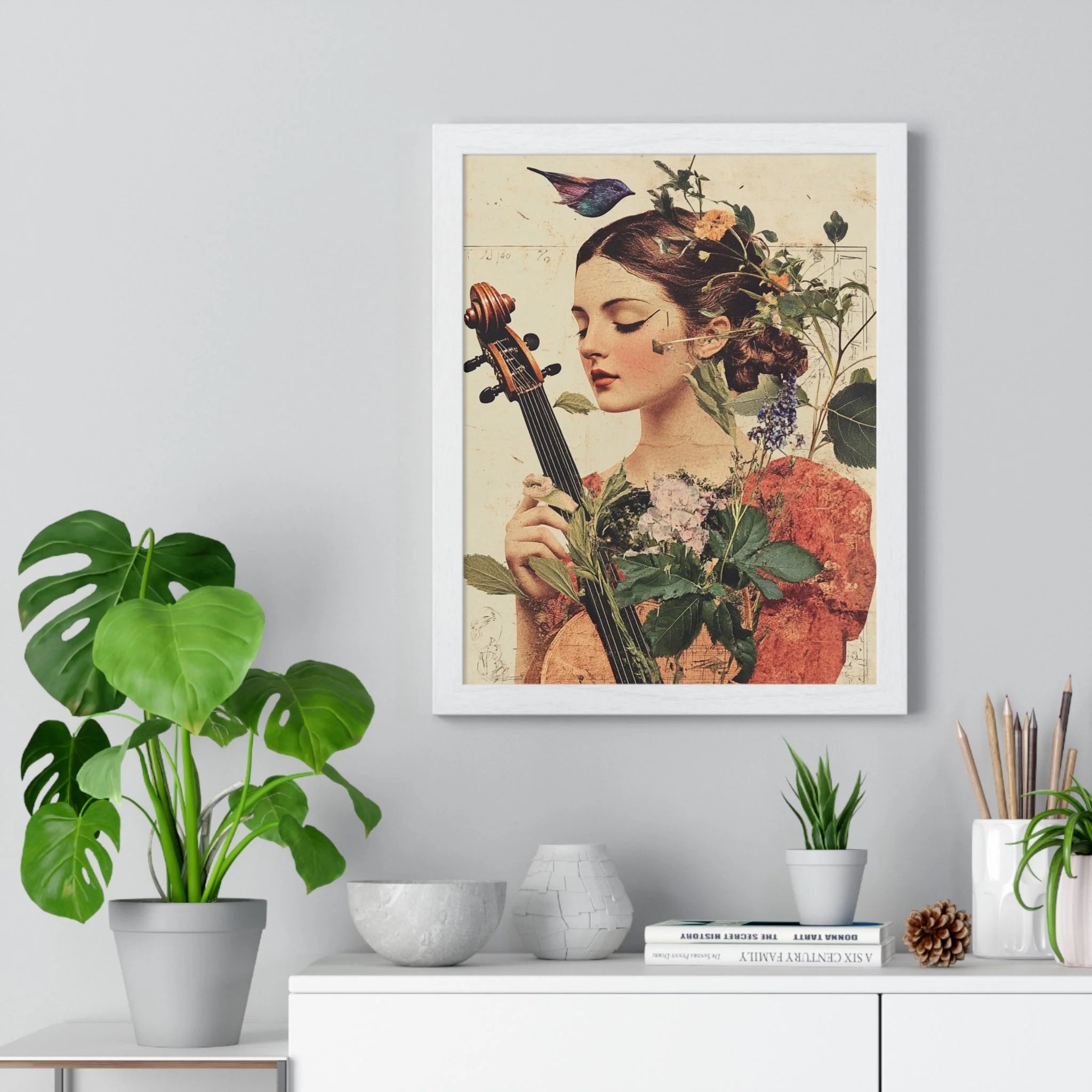 Buy The Best white framed floral portrait woman By Artsulli x Color Printify - Floral Violinist with Bird Framed Poster - 2025