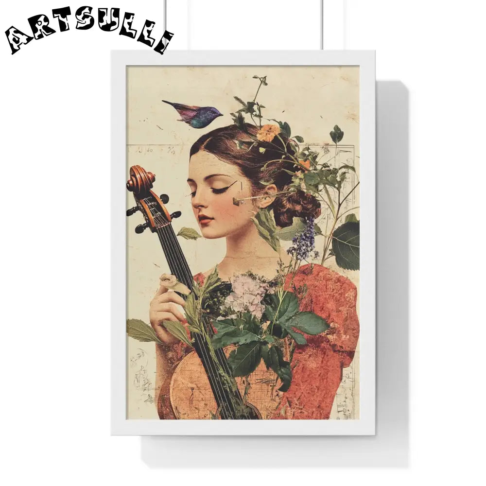 Floral Violinist with Bird Framed Poster, Artsulli - Art is Long, Life is Short, Poster, Size, 12″ x 18″, Color, White, , , 90203442117161561303