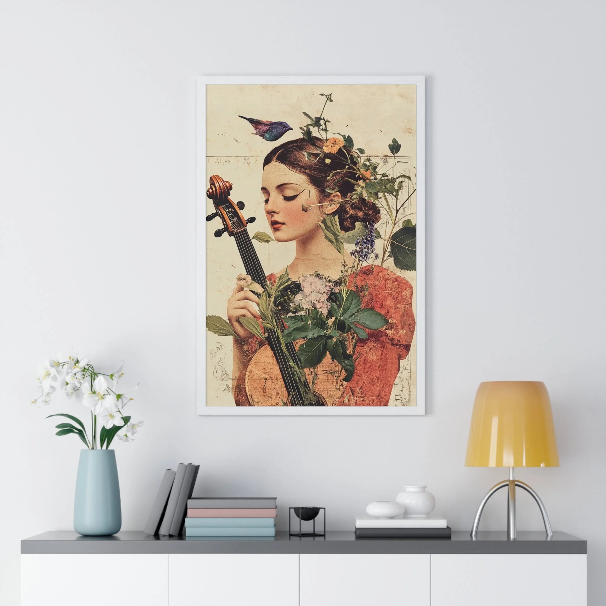 Buy The Best vintage-style guitar poster floral elements By Artsulli x Color Printify - Floral Violinist with Bird Framed Poster - 2025