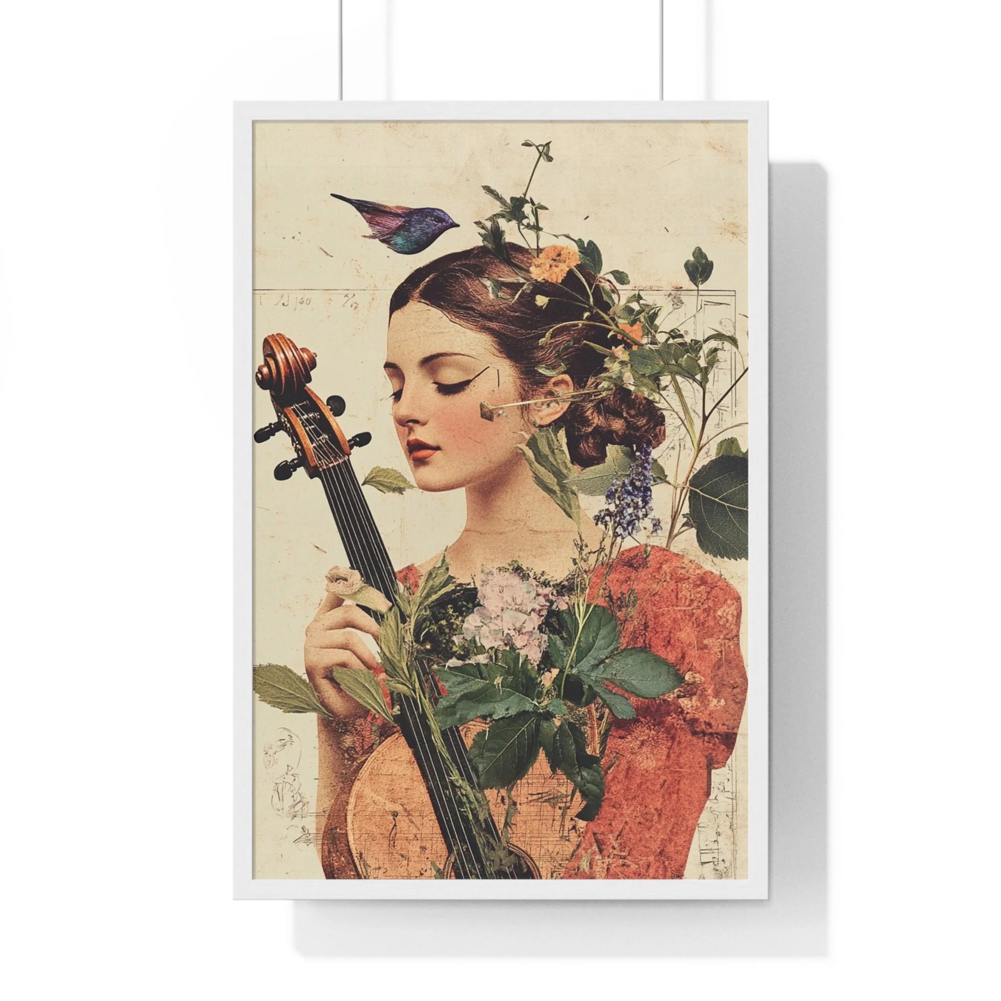 Buy The Best vintage botanical portrait woman cello By Artsulli x Color Printify - Floral Violinist with Bird Framed Poster - 2025
