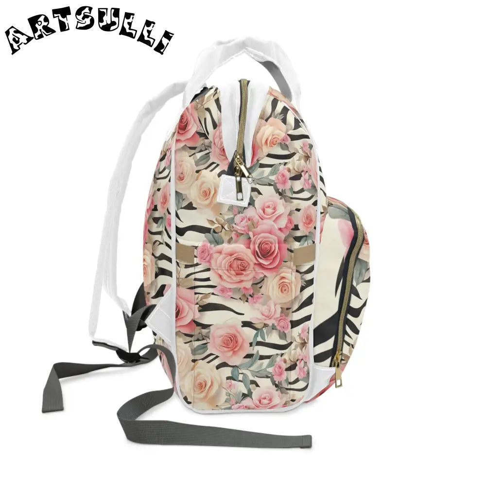 Floral Zebra Print Diaper Backpack, Artsulli - Art is Long, Life is Short, Bags, , , , , , , 