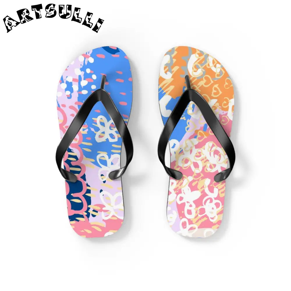 Flowers x Doodles Illustration Printed Flip Flops, Artsulli - Art is Long, Life is Short, Shoes, Size, S, Color, Black sole, , , 27096559095564104201