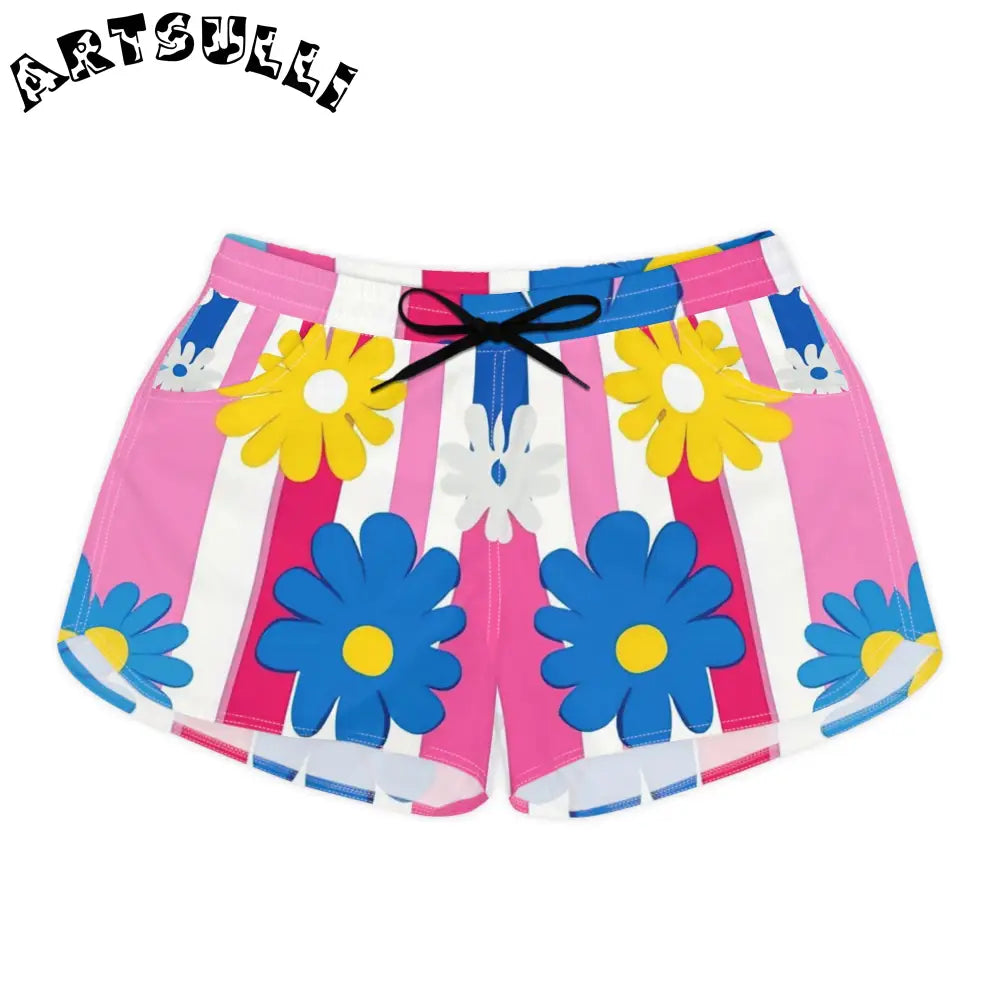 Flowers x Stripes Casual Shorts, Artsulli - Art is Long, Life is Short, All Over Prints, Size, S, Color, Black drawstring, , , 57155408116530
