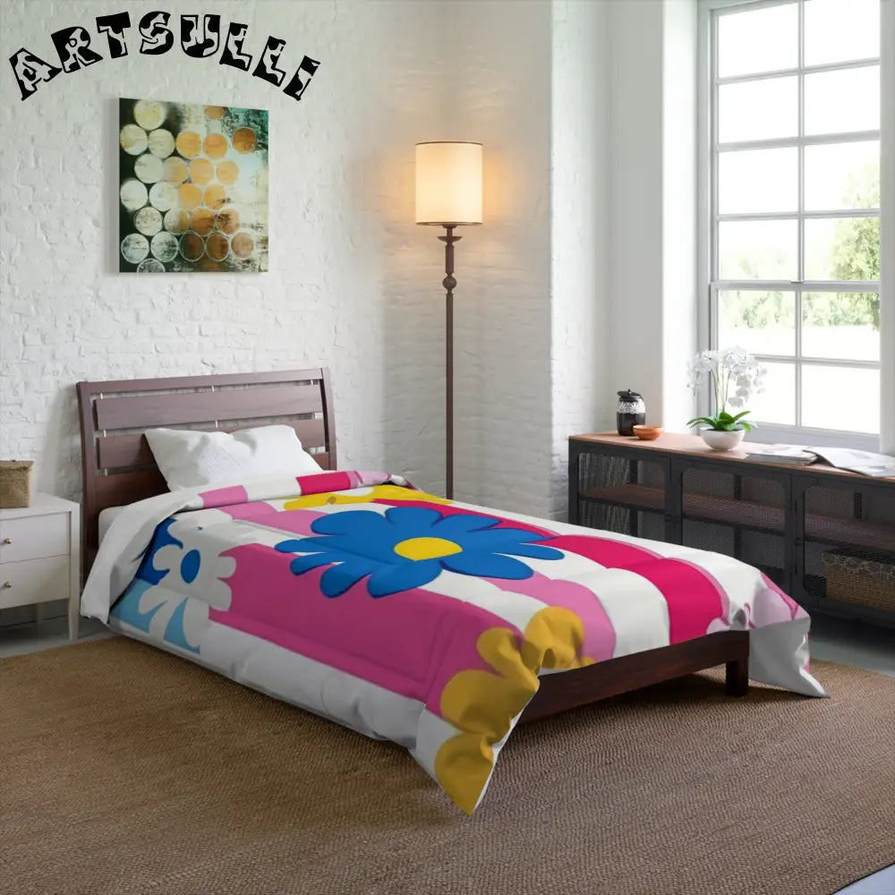 Flowers x Stripes Cozy Comforter, Artsulli - Art is Long, Life is Short, Home Decor, , , , , , , 