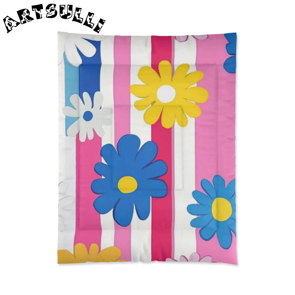 Flowers x Stripes Cozy Comforter, Artsulli - Art is Long, Life is Short, Home Decor, Size, 68" × 88", , , , , 55623412885573
