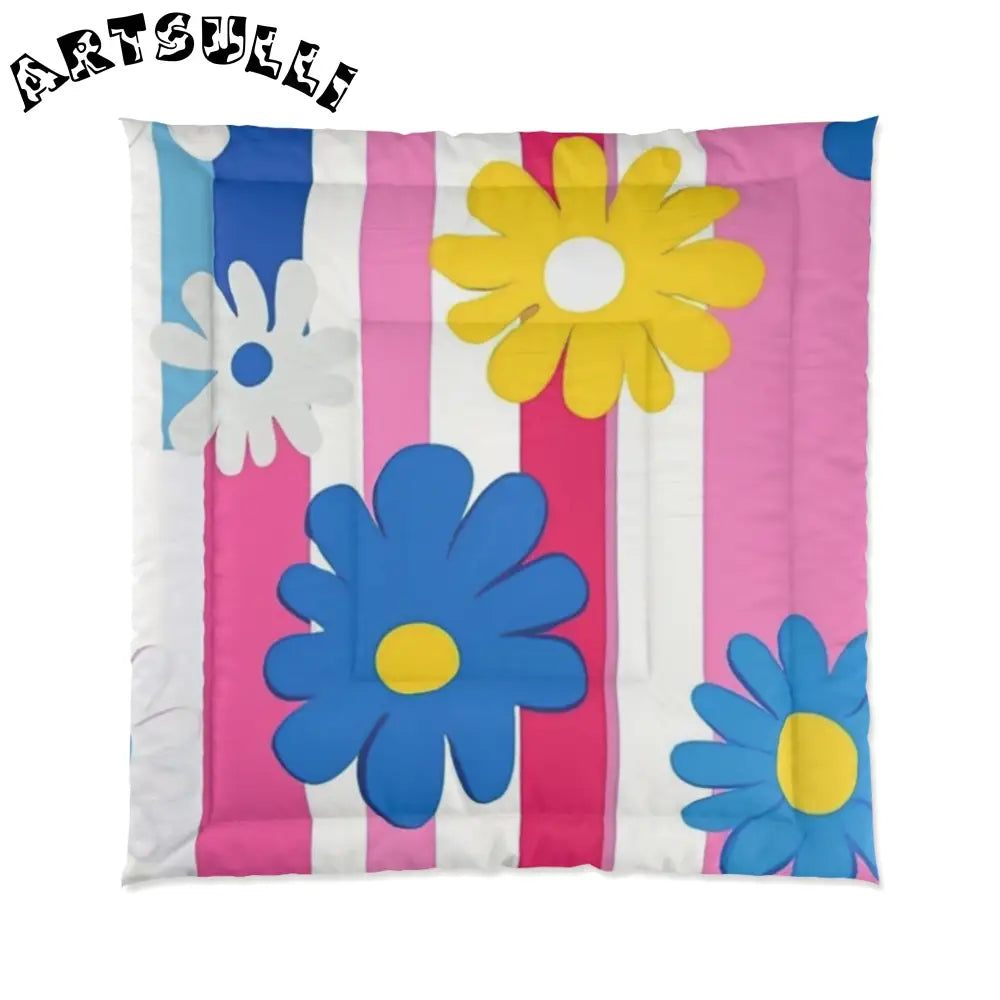 Flowers x Stripes Cozy Comforter, Artsulli - Art is Long, Life is Short, Home Decor, Size, 88" × 88", , , , , 55605661892952