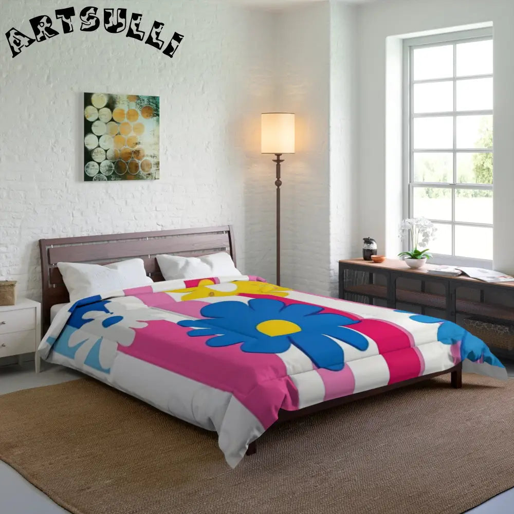 Flowers x Stripes Cozy Comforter, Artsulli - Art is Long, Life is Short, Home Decor, , , , , , , 