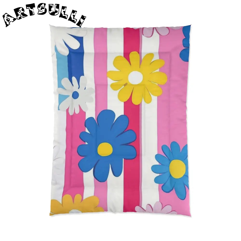Flowers x Stripes Cozy Comforter, Artsulli - Art is Long, Life is Short, Home Decor, Size, 68" × 92", , , , , 55611700869513
