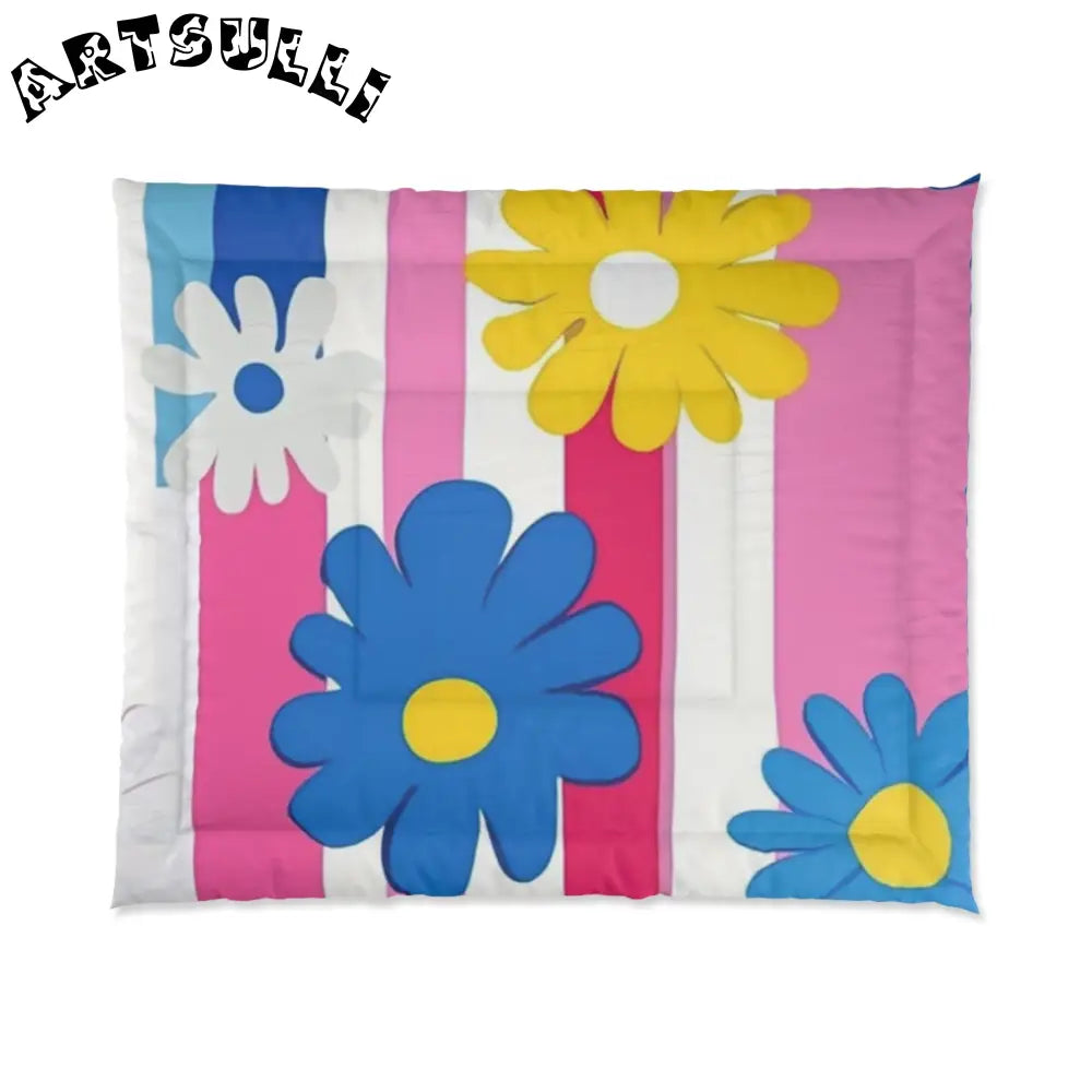 Flowers x Stripes Cozy Comforter, Artsulli - Art is Long, Life is Short, Home Decor, Size, 104" × 88", , , , , 55594751376893