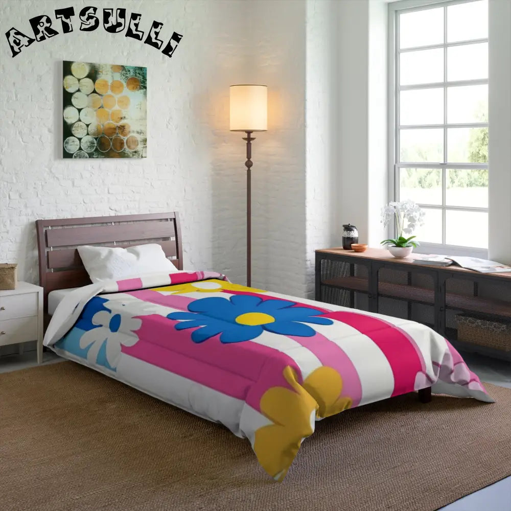 Flowers x Stripes Cozy Comforter, Artsulli - Art is Long, Life is Short, Home Decor, , , , , , , 