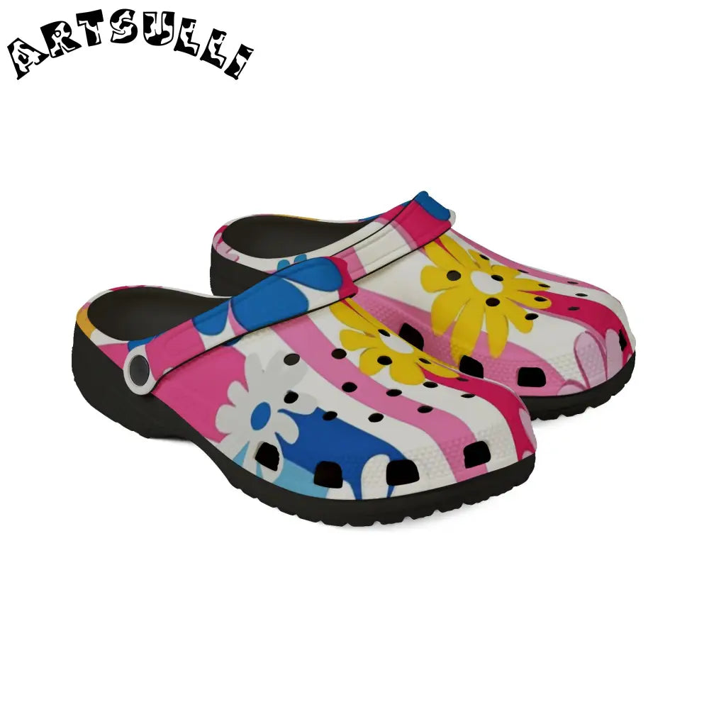 Flowers x Stripes EVA Foam Clogs, Artsulli - Art is Long, Life is Short, Shoes, , , , , , , 