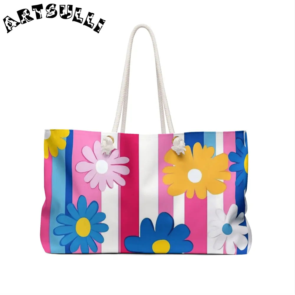 Flowers x Stripes Oversized Weekender Tote, Artsulli - Art is Long, Life is Short, Bags, , , , , , , 