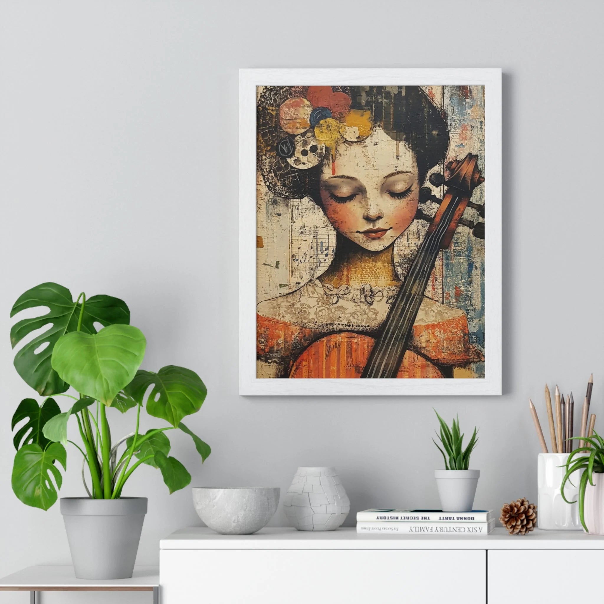 Buy The Best white framed artwork woman cello By Artsulli x Color Printify - Framed Abstract Musician Artistic Work - 2025