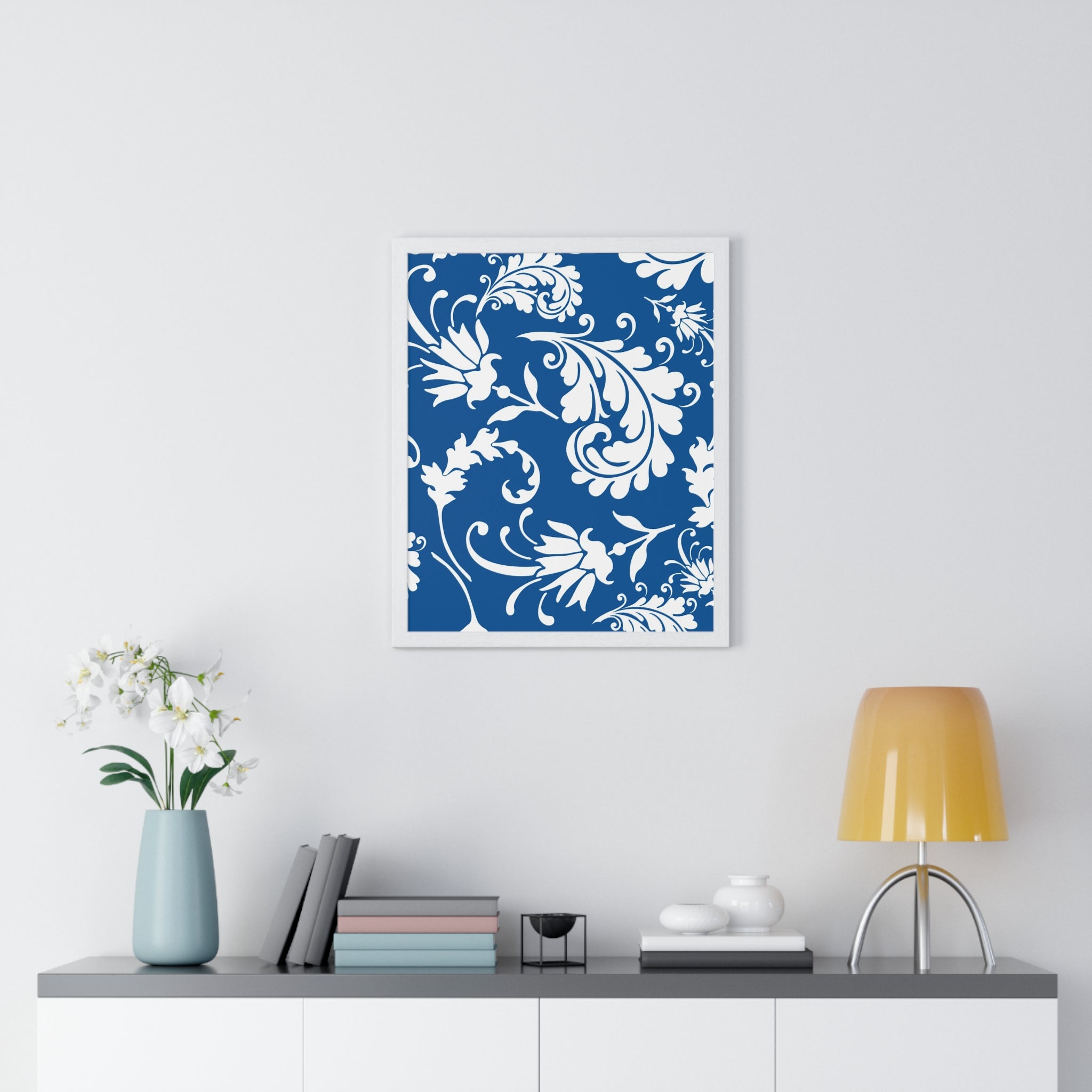 Printify Framed Blue and White Floral Damask Art Print 2025