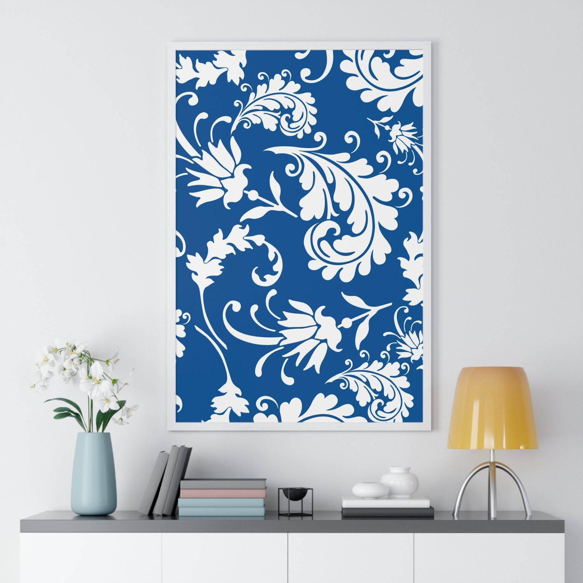 Printify Framed Blue and White Floral Damask Art Print 2025