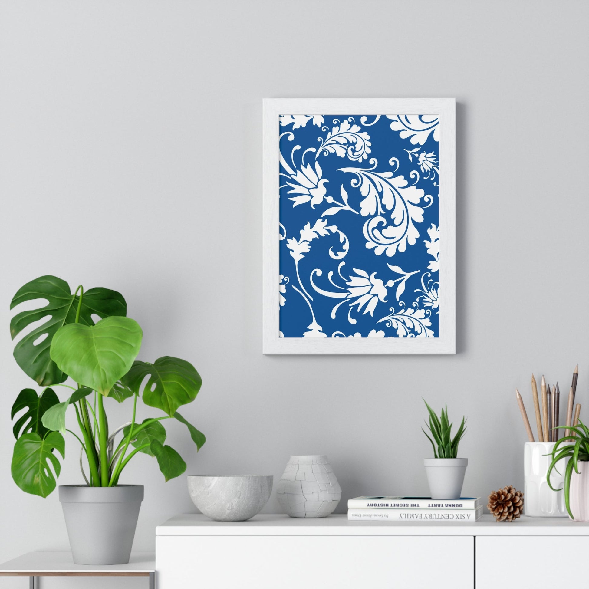 Printify Framed Blue and White Floral Damask Art Print 2025
