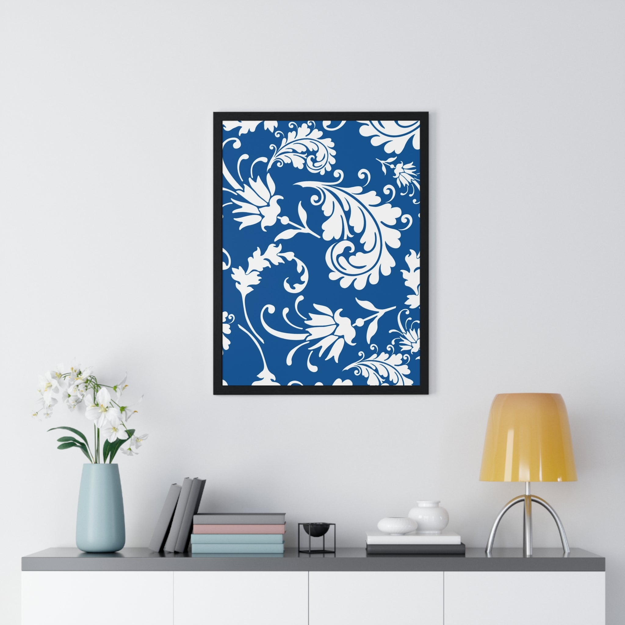 Printify Framed Blue and White Floral Damask Art Print 2025