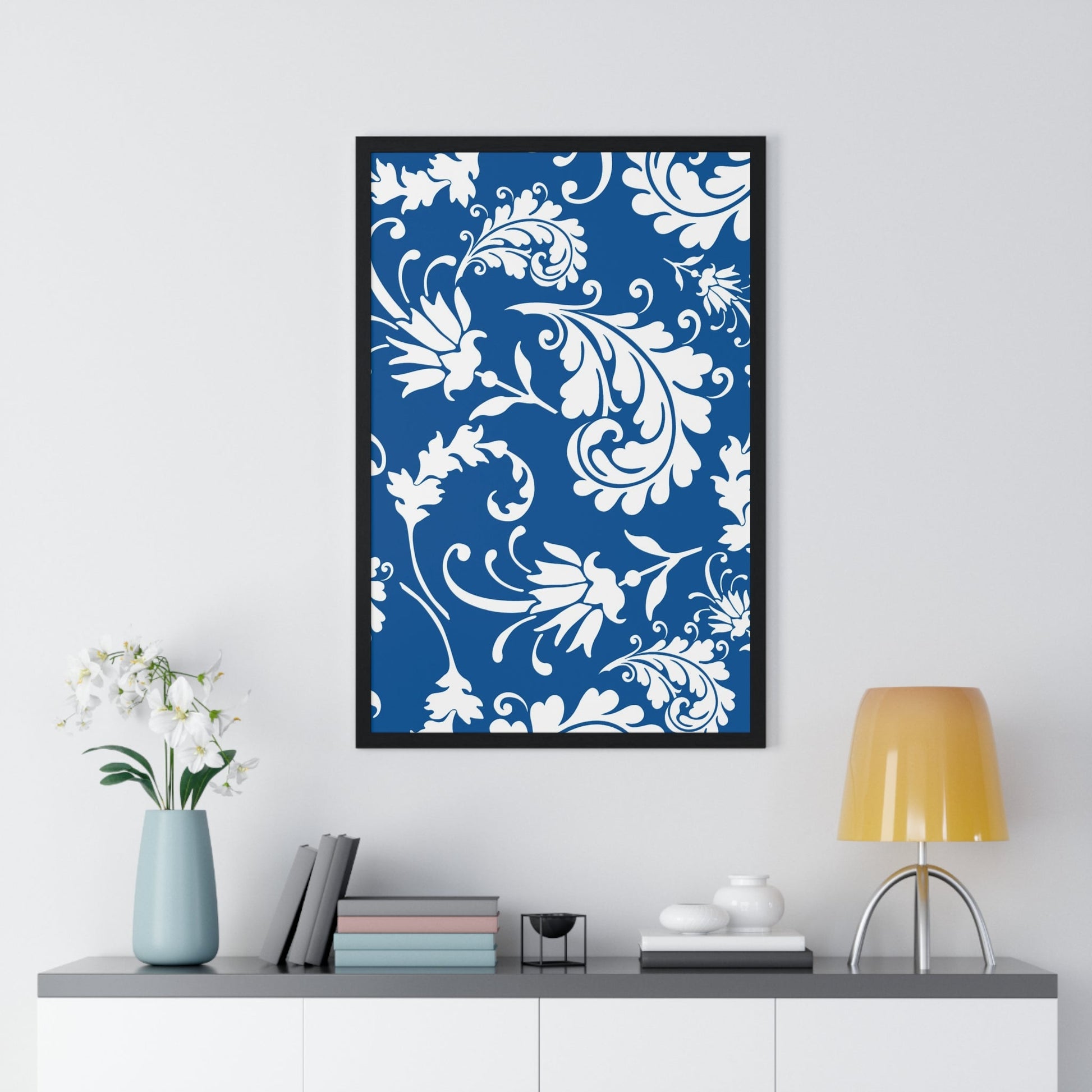 Printify Framed Blue and White Floral Damask Art Print 2025