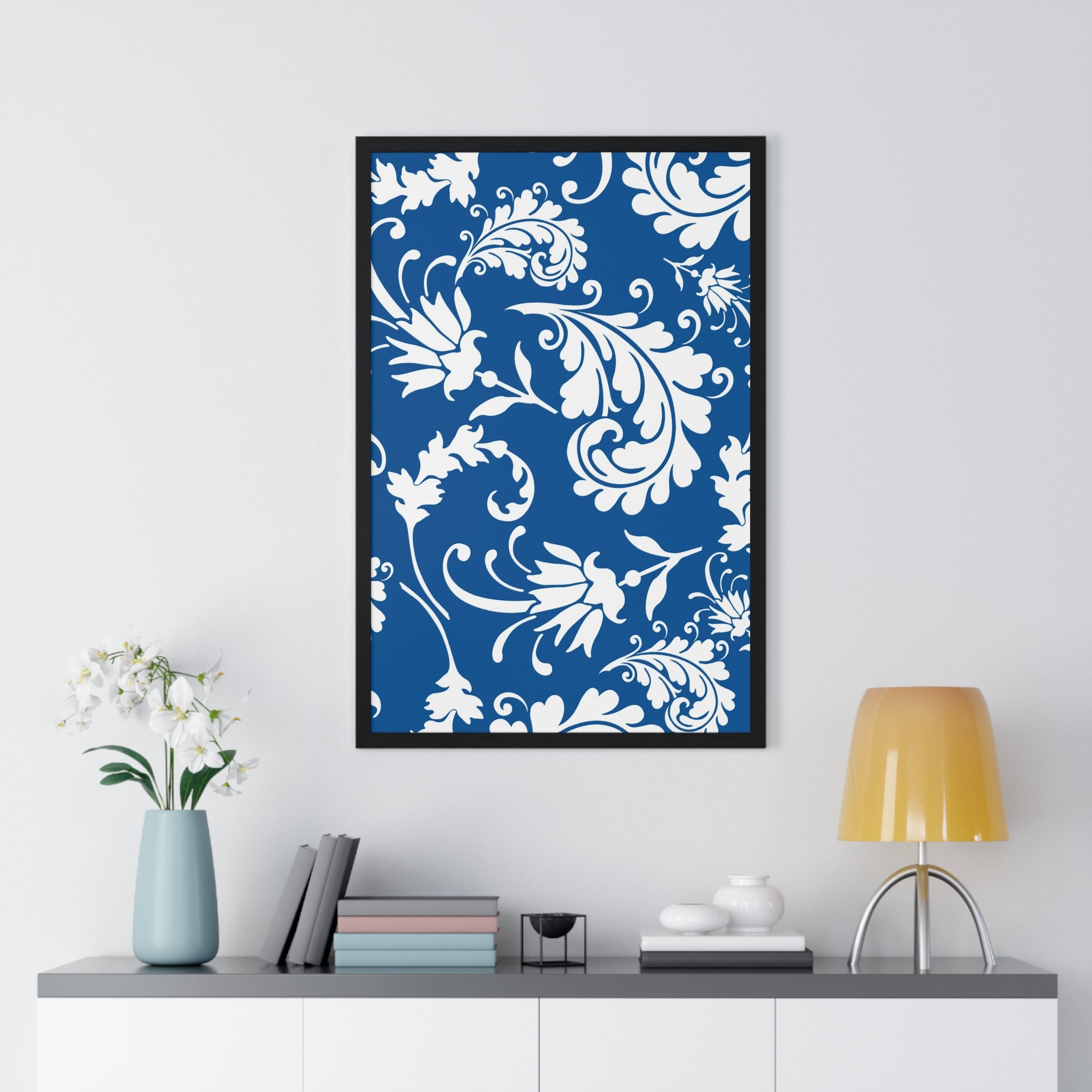 Printify Framed Blue and White Floral Damask Art Print 2025
